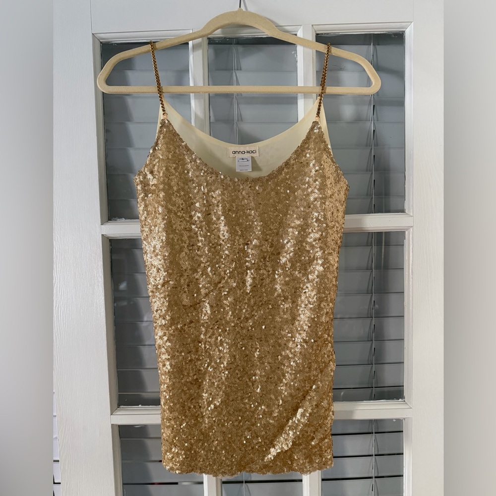 Anna-Kaci Women’s L Gold Sequin Cami Tank Top Spaghetti Chain Strap | SKU 0104